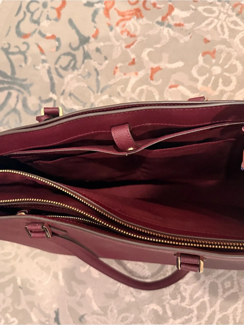 Tory Burch Wine Saffiano Leather Tote with Gold Logo